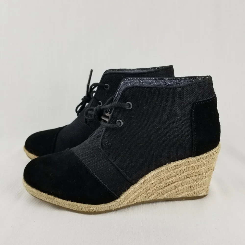 Toms Black Canvas and Suede Wedge Ankle Boots